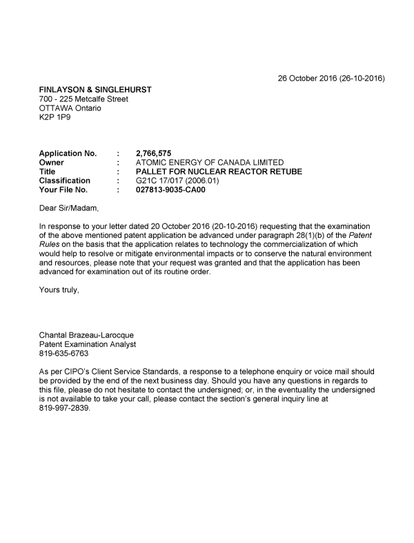 Document de brevet canadien 2766575. Correspondance 20151226. Image 1 de 1