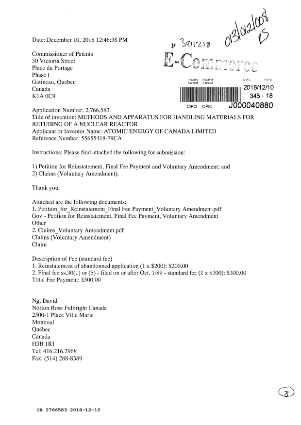 Document de brevet canadien 2766583. Rétablissement 20181210. Image 1 de 8