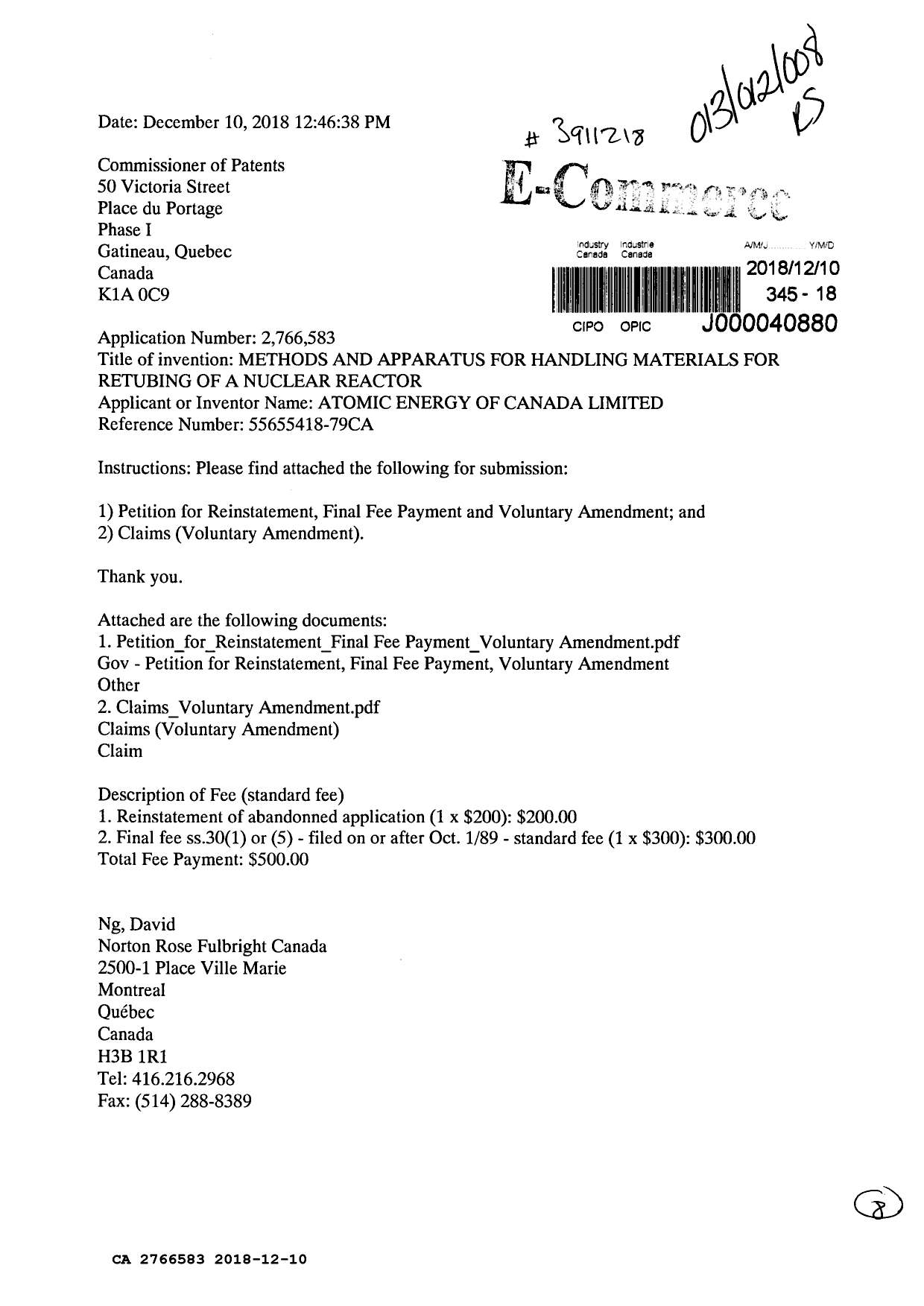 Document de brevet canadien 2766583. Rétablissement 20181210. Image 1 de 8