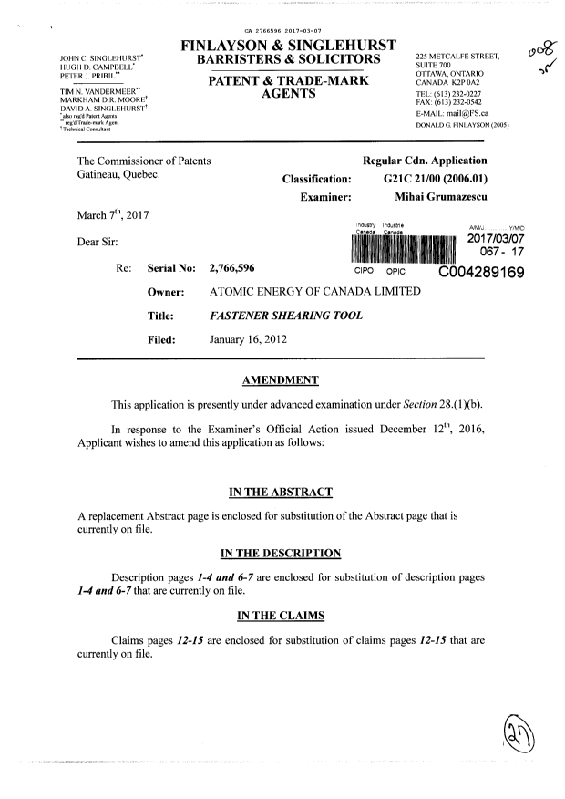 Document de brevet canadien 2766596. Poursuite-Amendment 20161207. Image 1 de 27