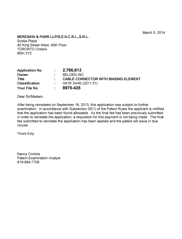 Canadian Patent Document 2766613. Correspondence 20140305. Image 1 of 1