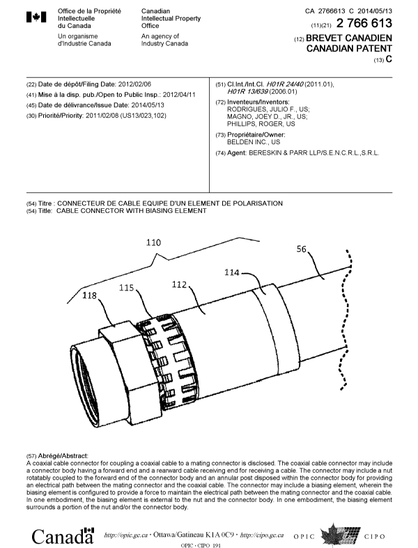 Canadian Patent Document 2766613. Cover Page 20140417. Image 1 of 1