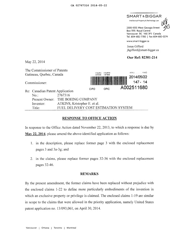 Document de brevet canadien 2767316. Poursuite-Amendment 20140522. Image 1 de 42