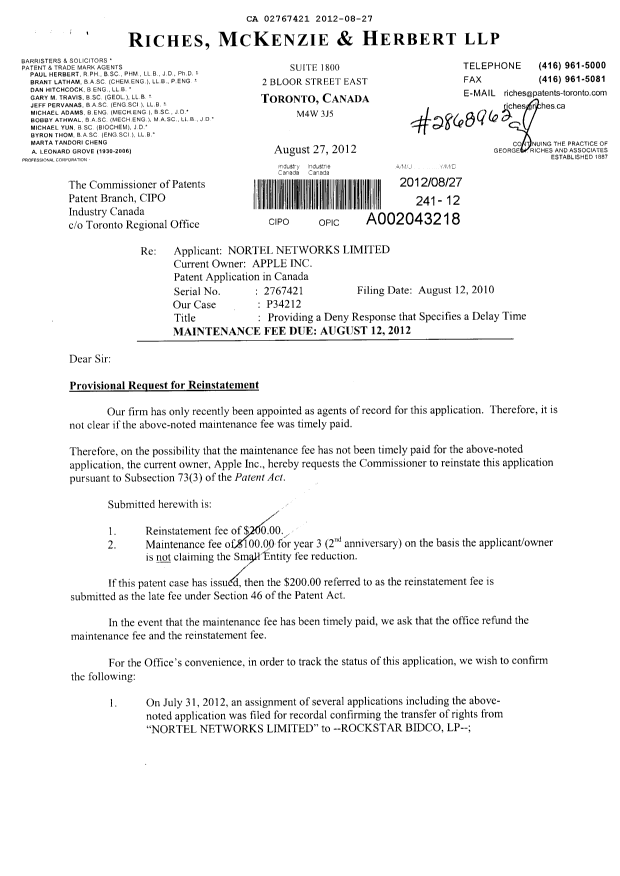 Document de brevet canadien 2767421. Taxes 20120827. Image 1 de 2