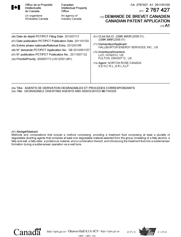 Canadian Patent Document 2767427. Cover Page 20120309. Image 1 of 1