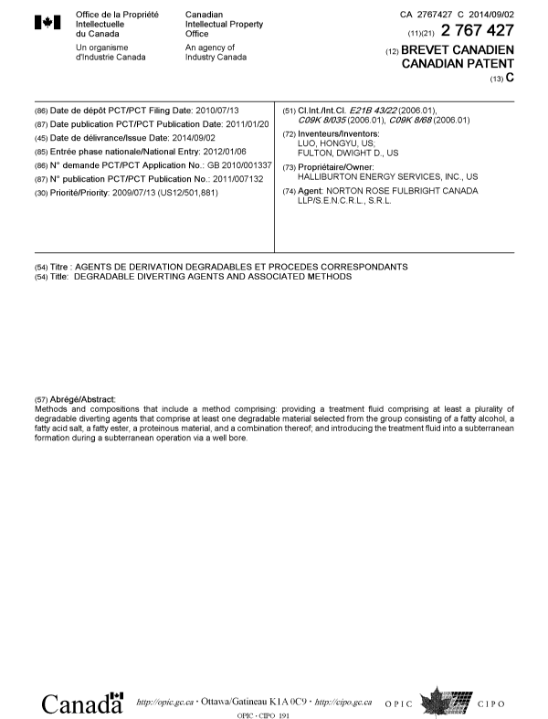 Canadian Patent Document 2767427. Cover Page 20140811. Image 1 of 1