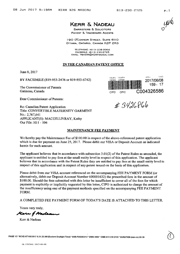 Canadian Patent Document 2767641. Maintenance Fee Payment 20170608. Image 1 of 1