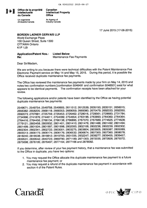 Document de brevet canadien 2767689. Lettre du bureau 20150617. Image 1 de 34