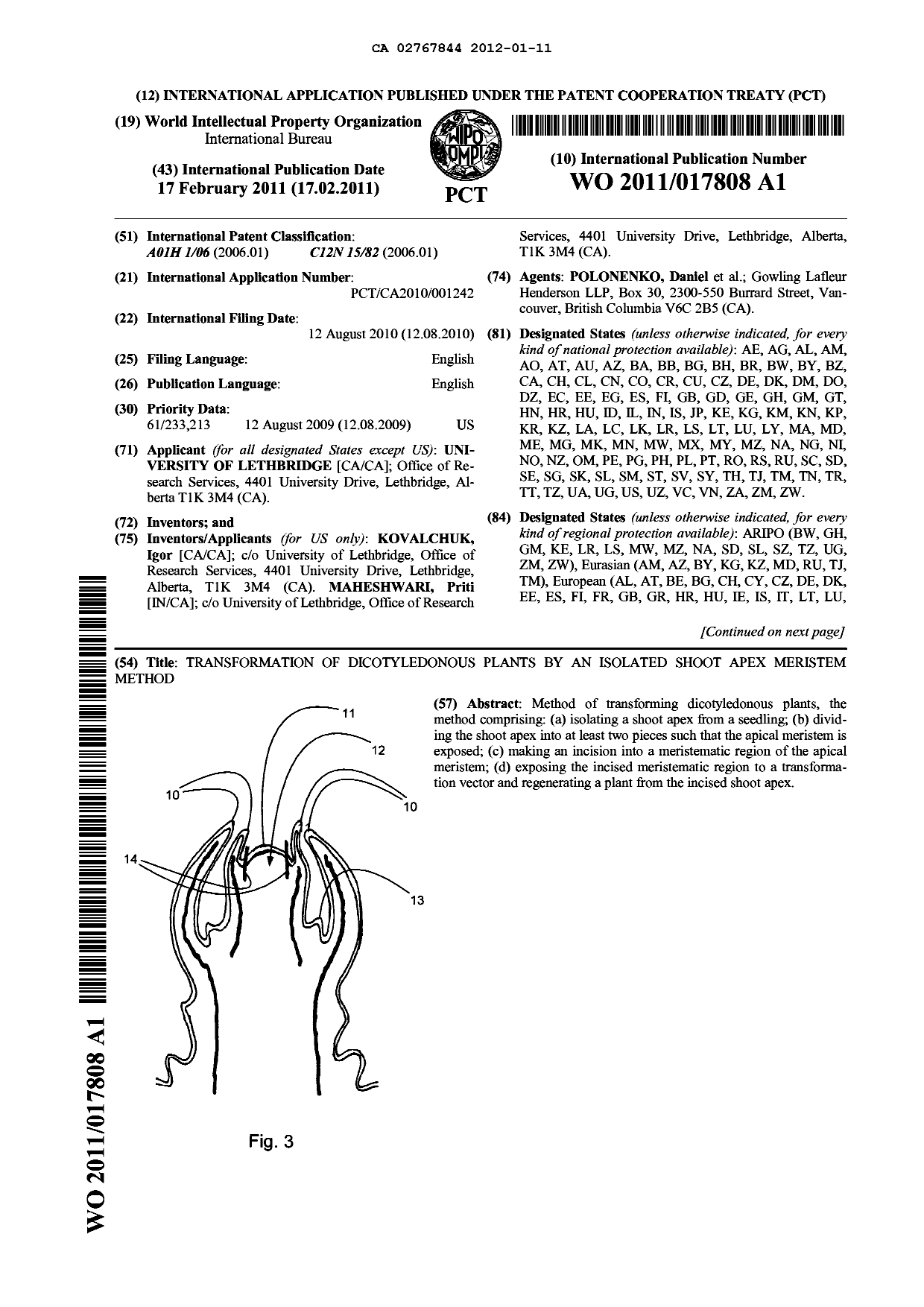 Canadian Patent Document 2767844. Abstract 20111211. Image 1 of 2
