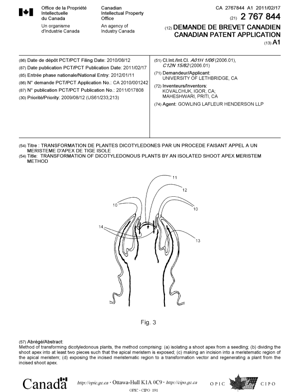 Canadian Patent Document 2767844. Cover Page 20111215. Image 1 of 1
