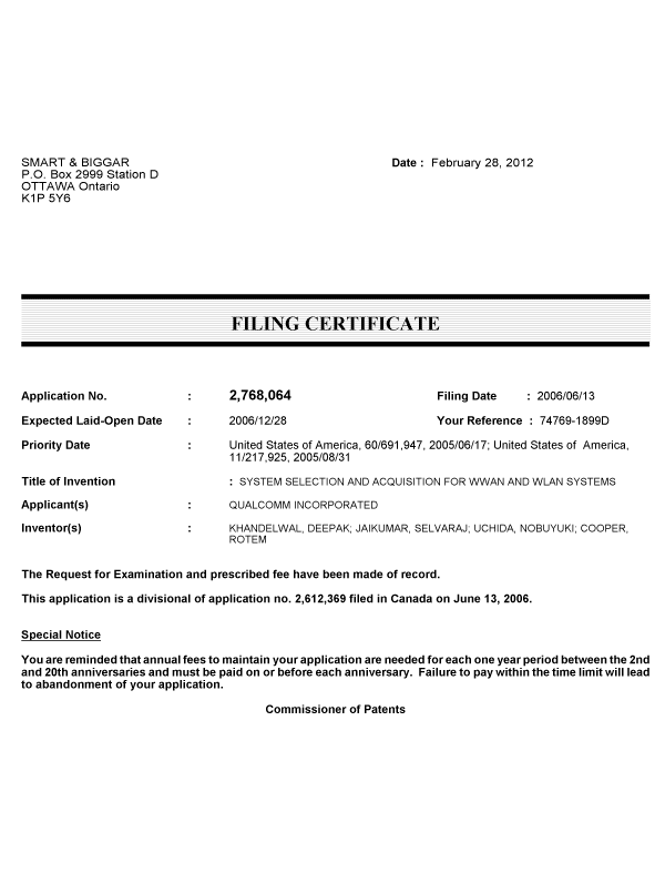 Document de brevet canadien 2768064. Correspondance 20120308. Image 1 de 1