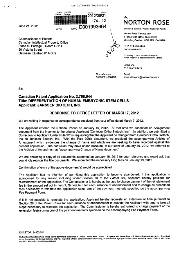 Document de brevet canadien 2768644. Correspondance 20120621. Image 1 de 18