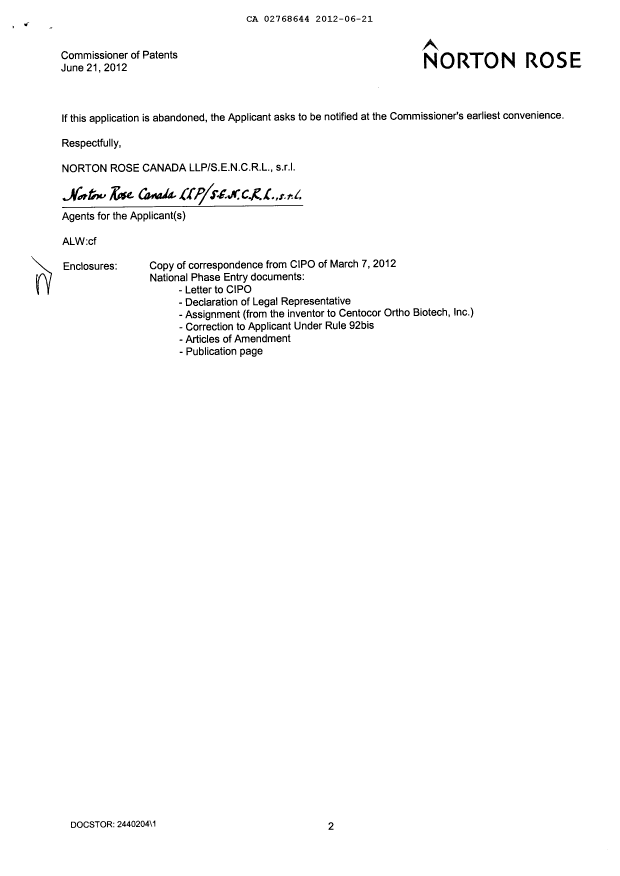 Canadian Patent Document 2768644. Correspondence 20120621. Image 2 of 18
