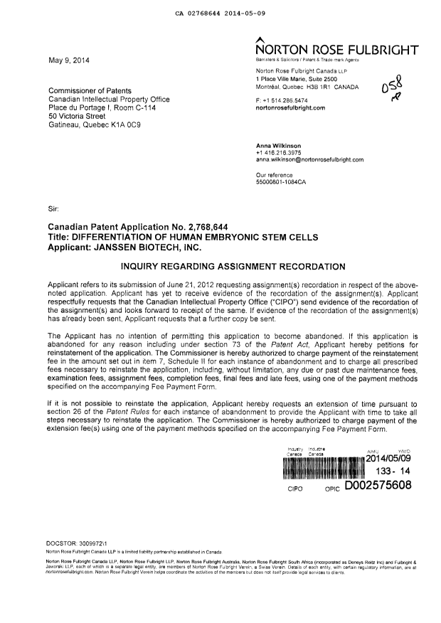 Document de brevet canadien 2768644. Correspondance 20140509. Image 1 de 2