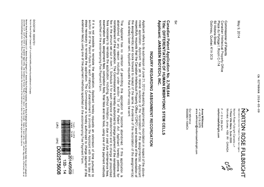 Canadian Patent Document 2768644. Correspondence 20140509. Image 1 of 2