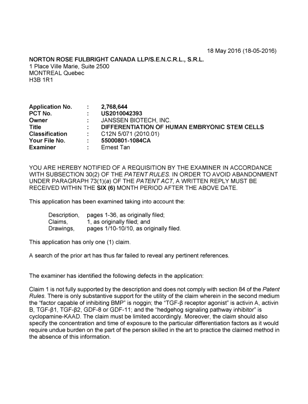 Canadian Patent Document 2768644. Examiner Requisition 20160518. Image 1 of 3