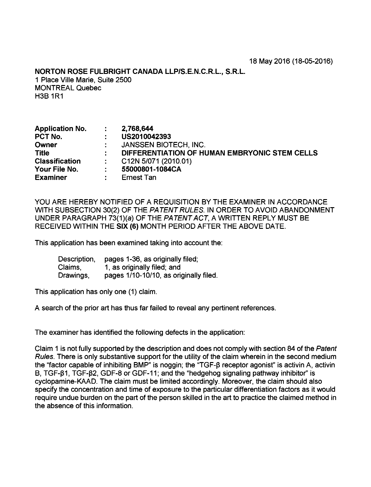 Canadian Patent Document 2768644. Examiner Requisition 20160518. Image 1 of 3