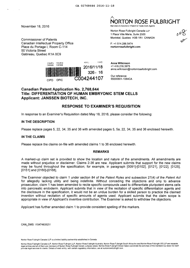 Document de brevet canadien 2768644. Modification 20161118. Image 1 de 18