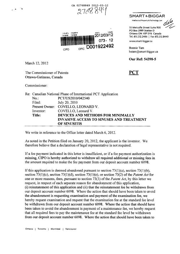 Canadian Patent Document 2768849. Correspondence 20111212. Image 1 of 2