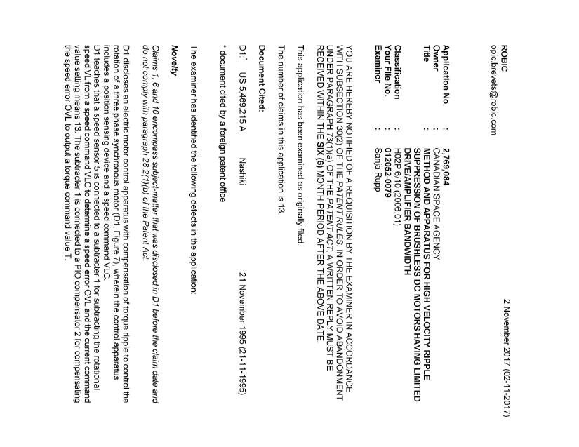 Document de brevet canadien 2769084. Demande d'examen 20171102. Image 1 de 4