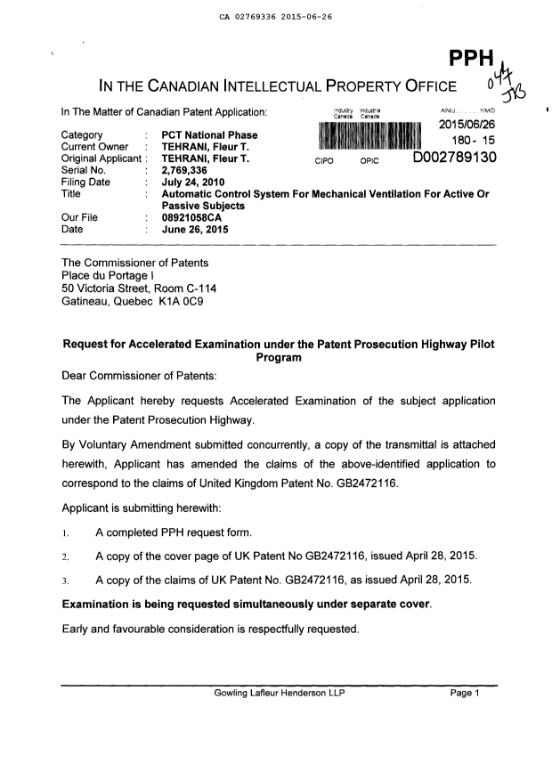 Document de brevet canadien 2769336. Requête ATDB (PPH) 20150626. Image 1 de 17