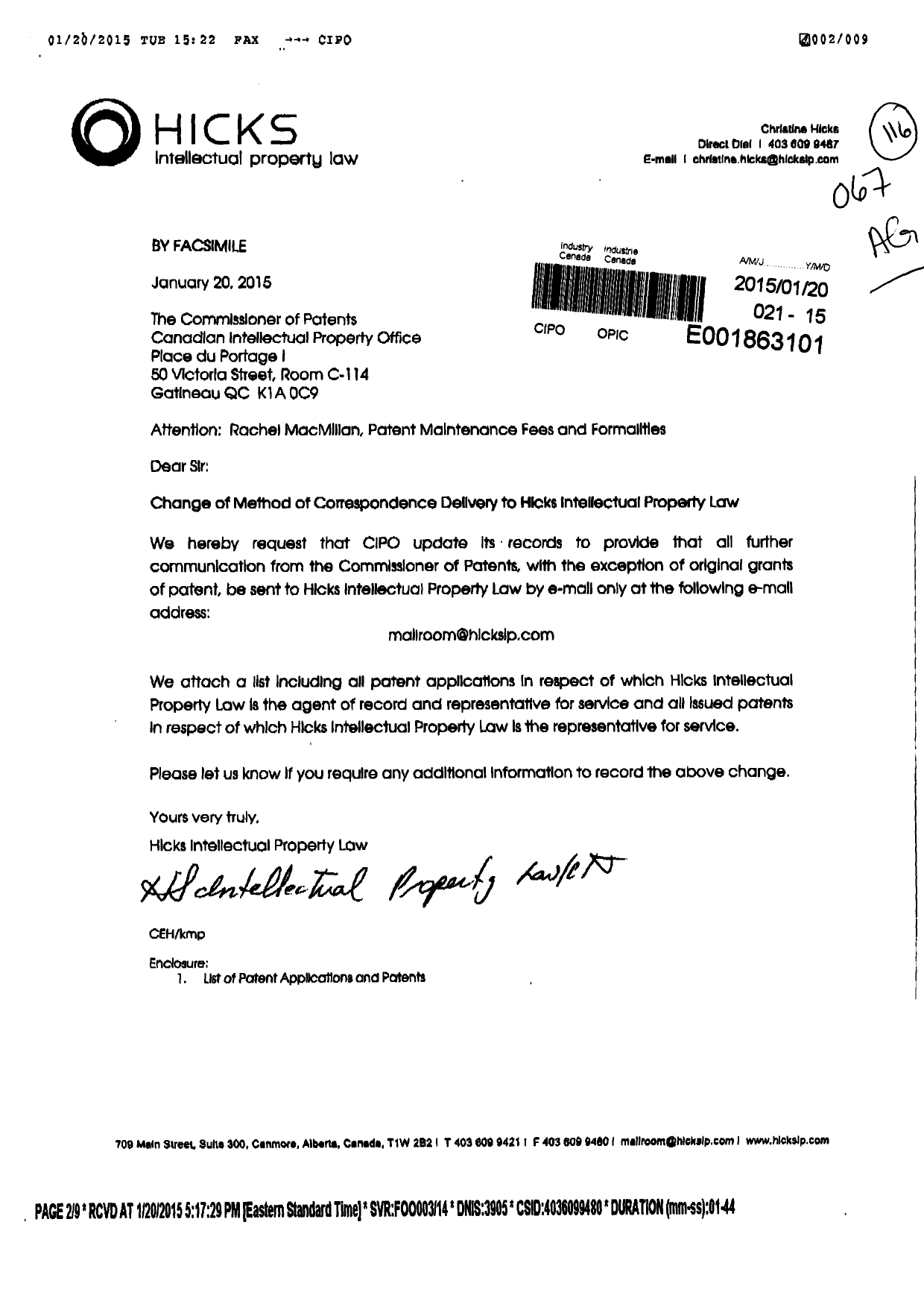 Document de brevet canadien 2769543. Correspondance 20150120. Image 1 de 9