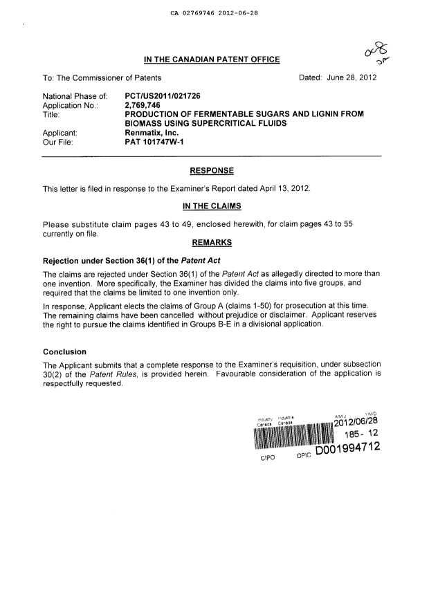 Canadian Patent Document 2769746. Prosecution-Amendment 20111228. Image 1 of 9