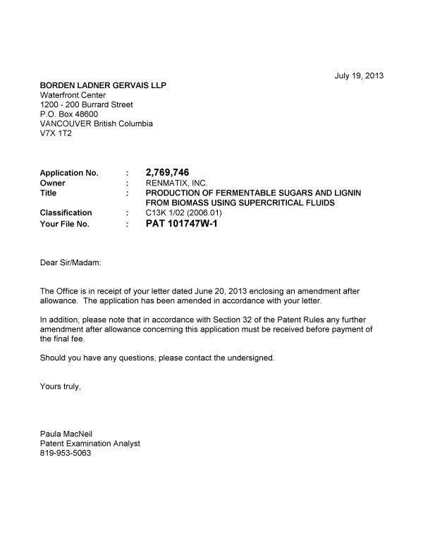 Document de brevet canadien 2769746. Correspondance 20121219. Image 1 de 1
