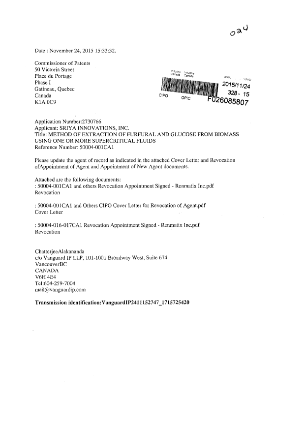 Document de brevet canadien 2769746. Correspondance 20141224. Image 1 de 6