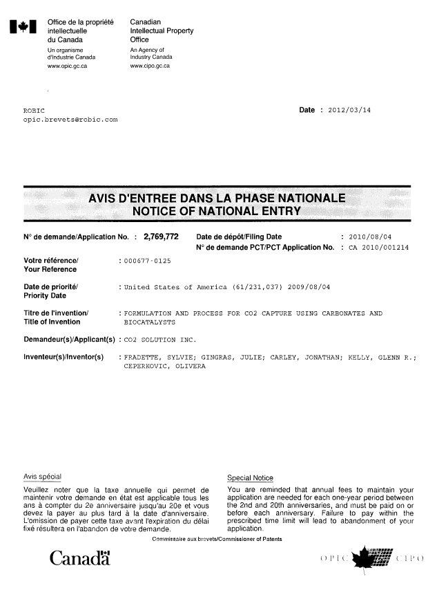 Document de brevet canadien 2769772. Correspondance 20111214. Image 1 de 1