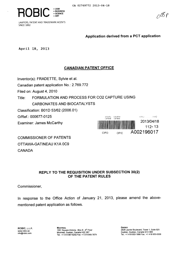 Document de brevet canadien 2769772. Poursuite-Amendment 20121218. Image 1 de 16