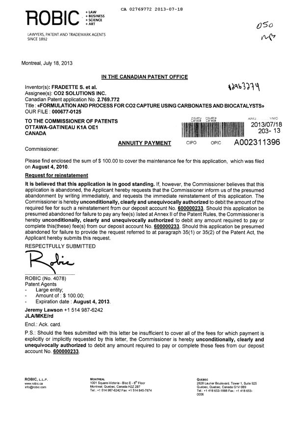 Document de brevet canadien 2769772. Taxes 20121218. Image 1 de 1