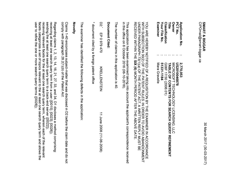 Document de brevet canadien 2770053. Demande d'examen 20170330. Image 1 de 4