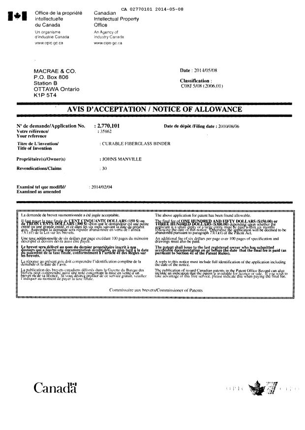 Document de brevet canadien 2770101. Poursuite-Amendment 20140508. Image 1 de 1