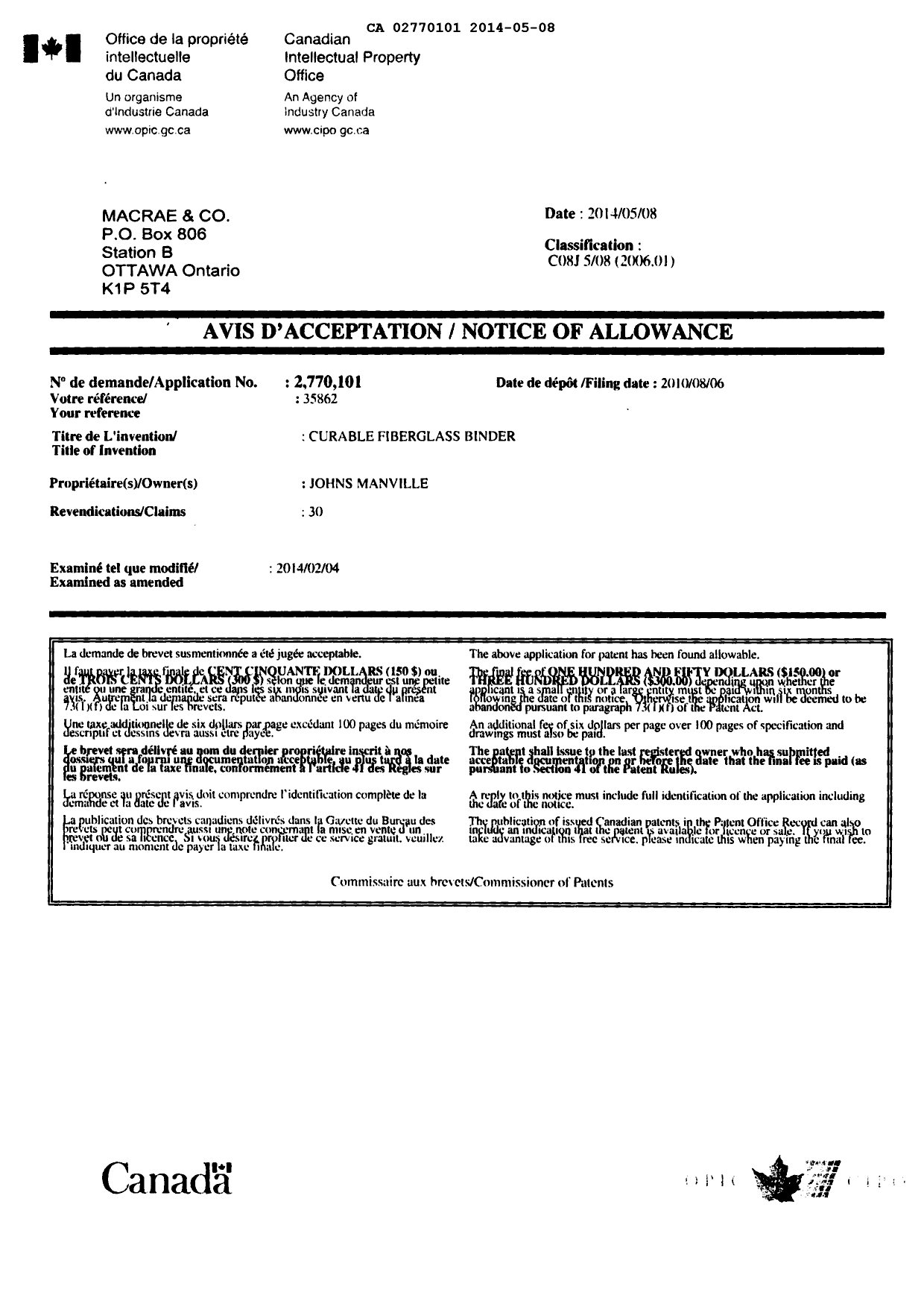Canadian Patent Document 2770101. Prosecution-Amendment 20140508. Image 1 of 1