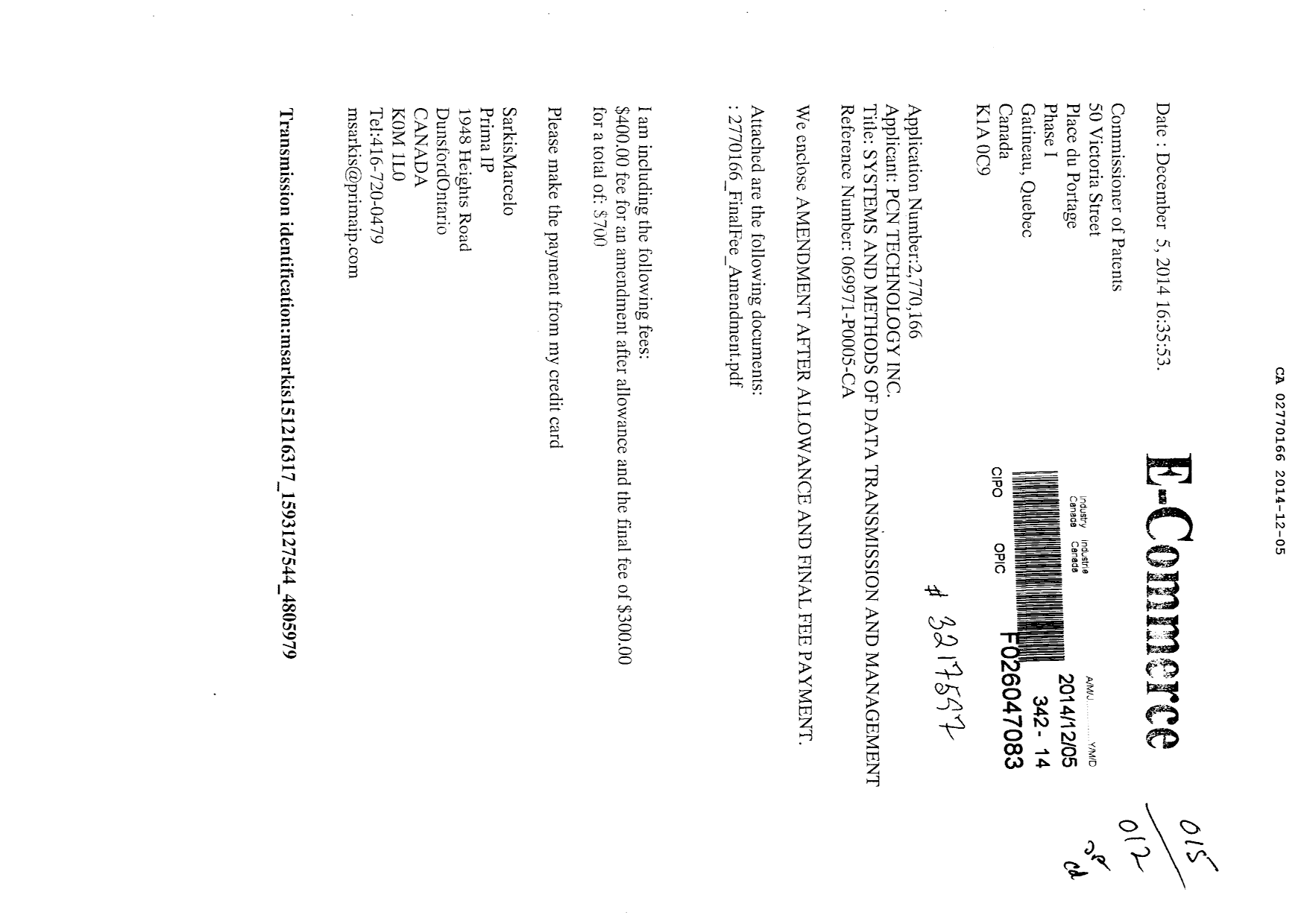 Canadian Patent Document 2770166. Prosecution-Amendment 20131205. Image 1 of 10