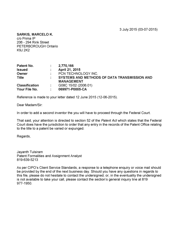 Document de brevet canadien 2770166. Correspondance 20141203. Image 1 de 1