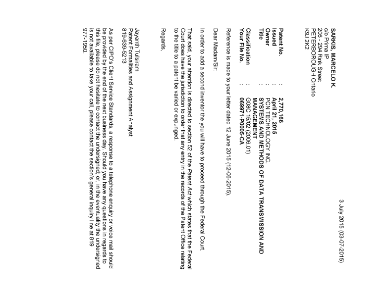 Document de brevet canadien 2770166. Correspondance 20141203. Image 1 de 1