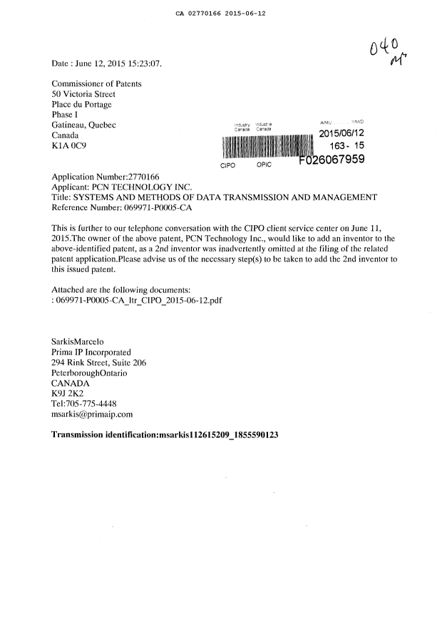Canadian Patent Document 2770166. Correspondence 20141212. Image 1 of 2
