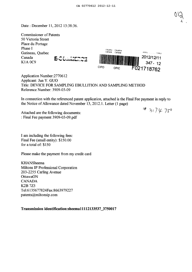 Document de brevet canadien 2770612. Correspondance 20111211. Image 1 de 2