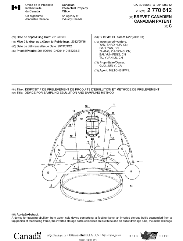 Document de brevet canadien 2770612. Page couverture 20121214. Image 1 de 2