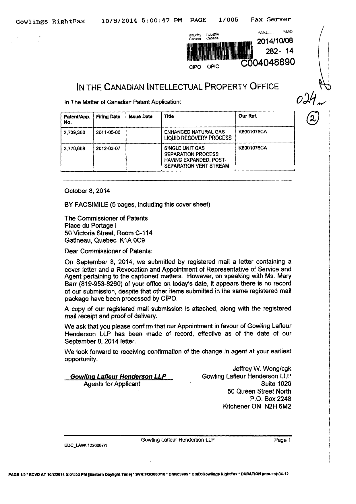 Canadian Patent Document 2770658. Correspondence 20131208. Image 1 of 5