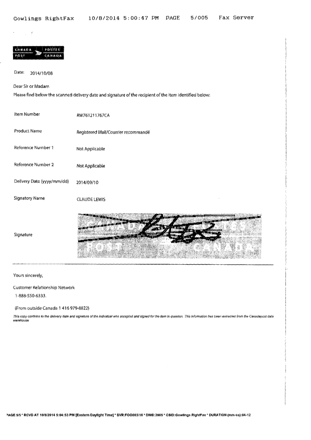 Document de brevet canadien 2770658. Correspondance 20131208. Image 5 de 5