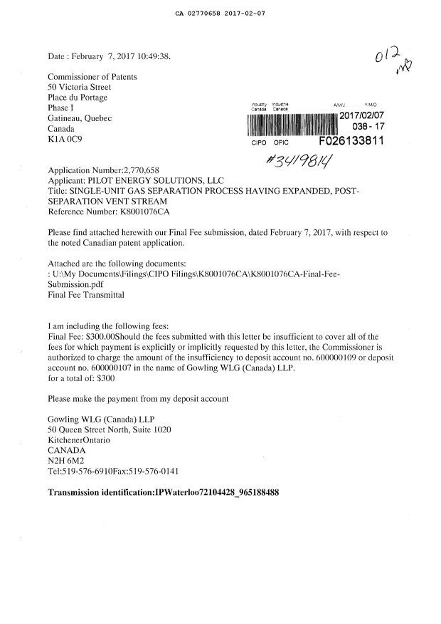Document de brevet canadien 2770658. Correspondance 20161207. Image 1 de 2