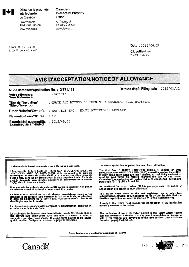 Document de brevet canadien 2771112. Correspondance 20111220. Image 1 de 1