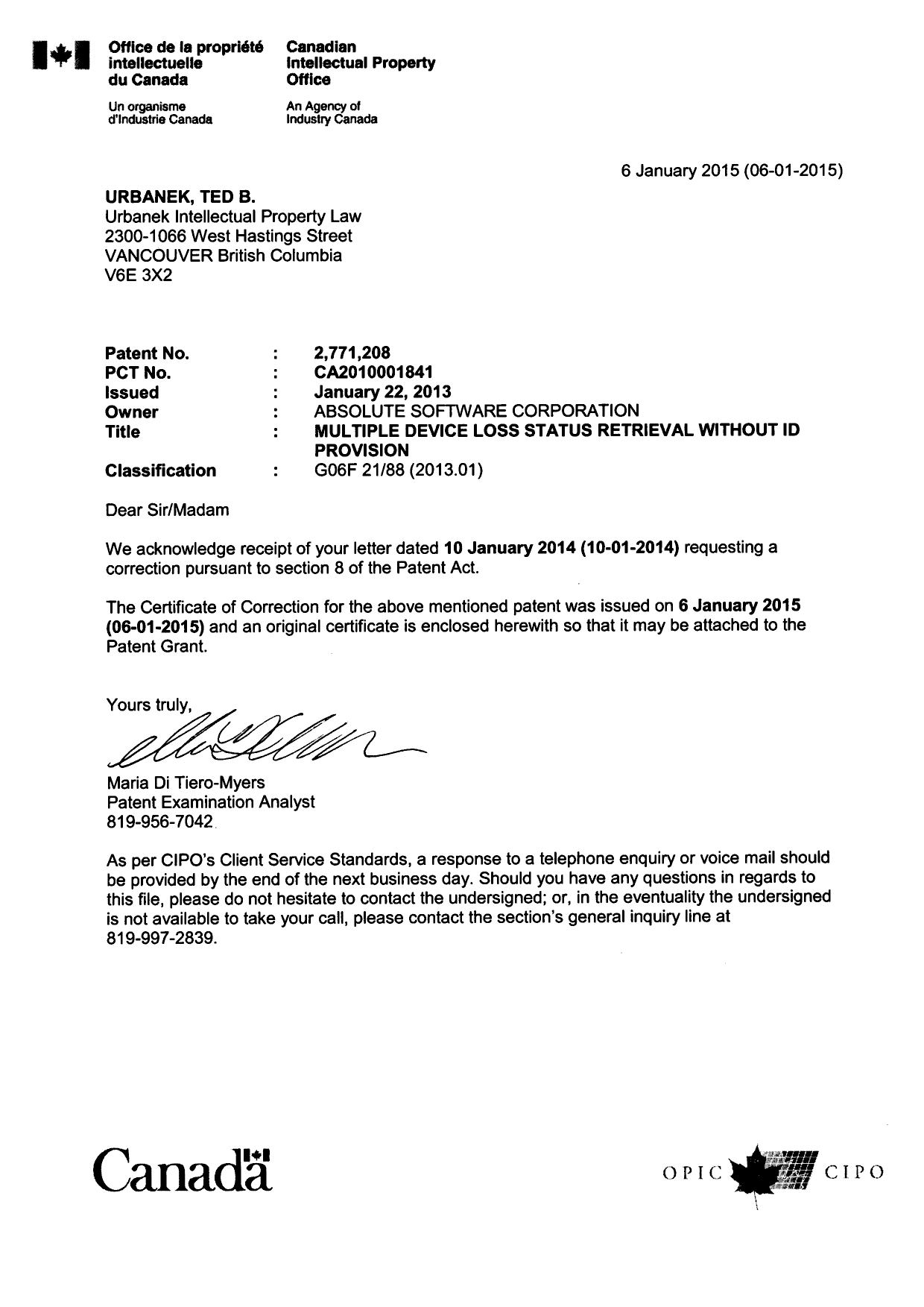 Canadian Patent Document 2771208. Prosecution-Amendment 20150106. Image 1 of 2
