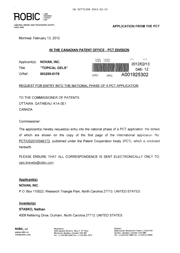 Document de brevet canadien 2771308. Cession 20120213. Image 1 de 5