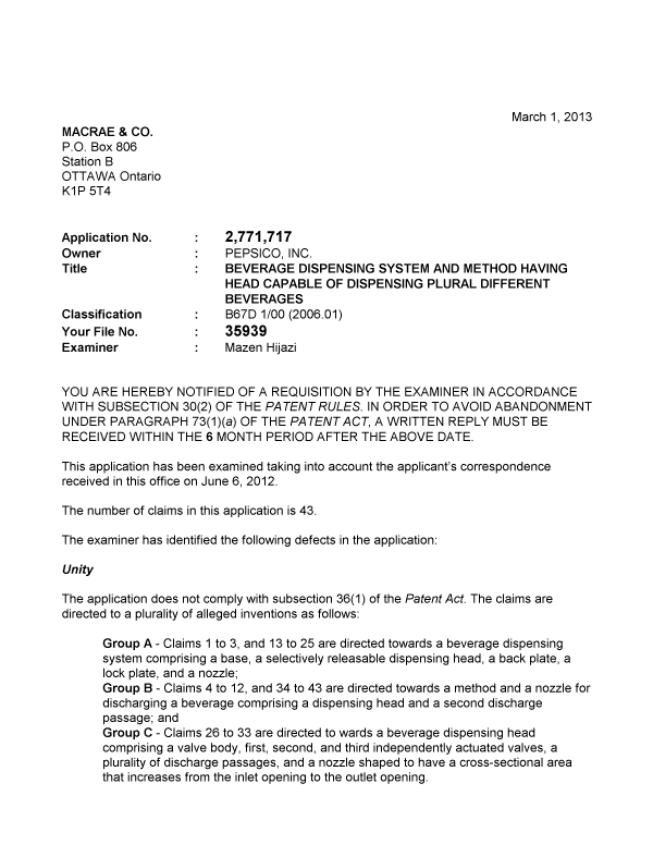 Canadian Patent Document 2771717. Prosecution-Amendment 20130301. Image 1 of 2
