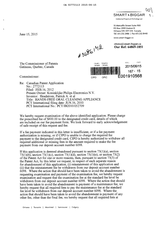 Document de brevet canadien 2772113. Requête d'examen 20150615. Image 1 de 2