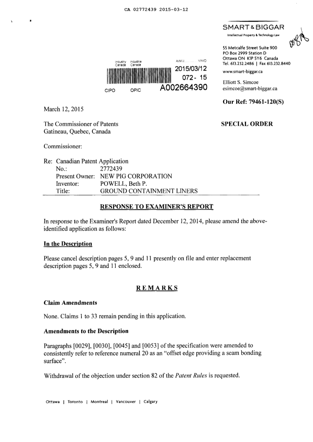 Canadian Patent Document 2772439. Prosecution-Amendment 20141212. Image 1 of 9